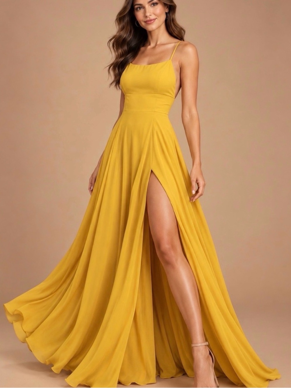 Lulu's Mustard Yellow Spaghetti Strap High-Slit Maxi Dress